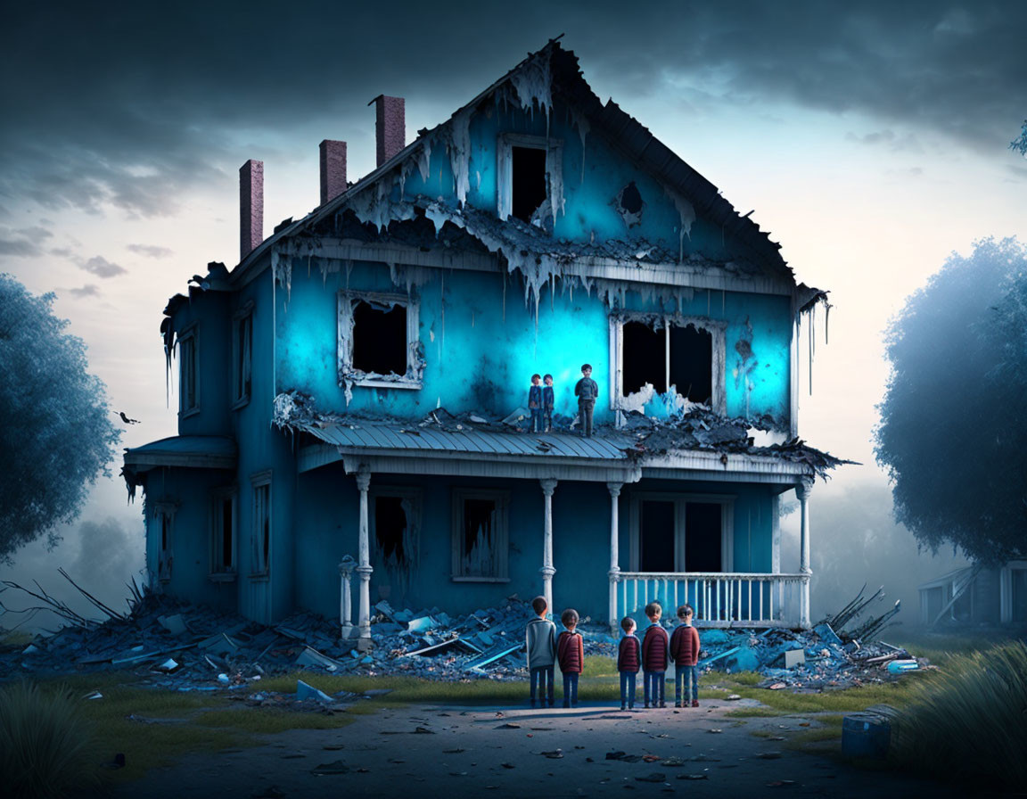 Abandoned Two-Story House with Eerie Blue Light and Silhouetted Figures