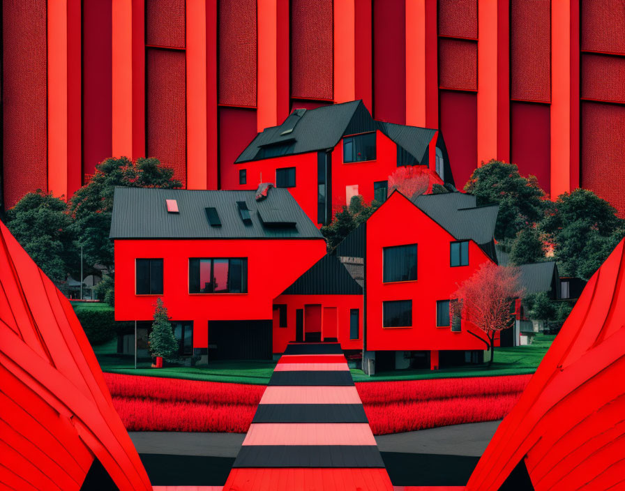 Surreal red houses and vertical lines in landscape.