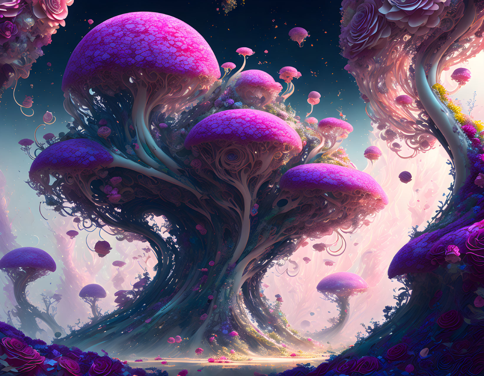 Enchanting pink and purple forest with towering trees and giant mushrooms