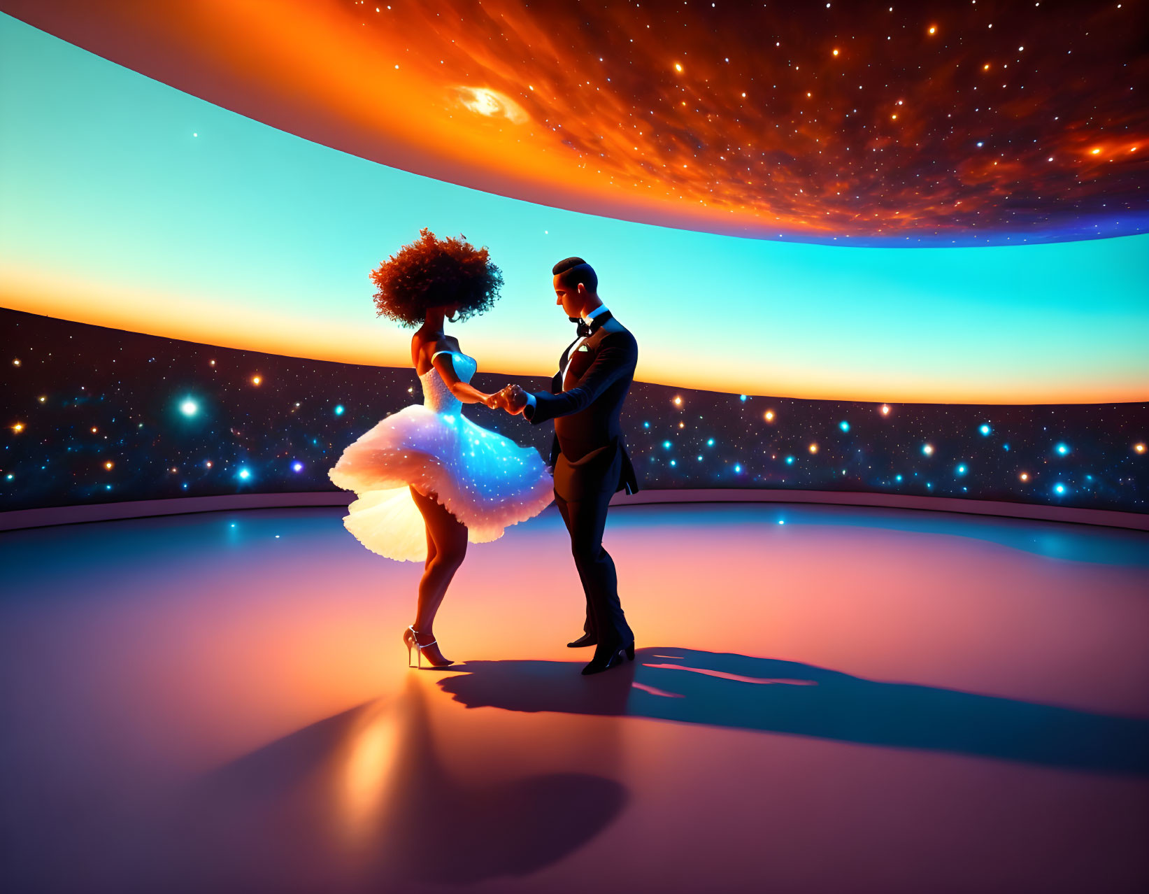 Elegant couple dancing under cosmic sky in white dress and suit