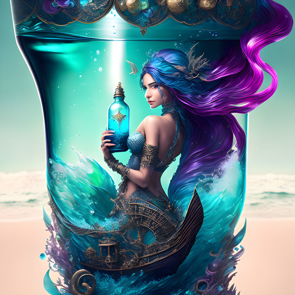 Fantasy artwork: Mermaid with blue and purple hair holding potion bottle, fused with ship and celestial