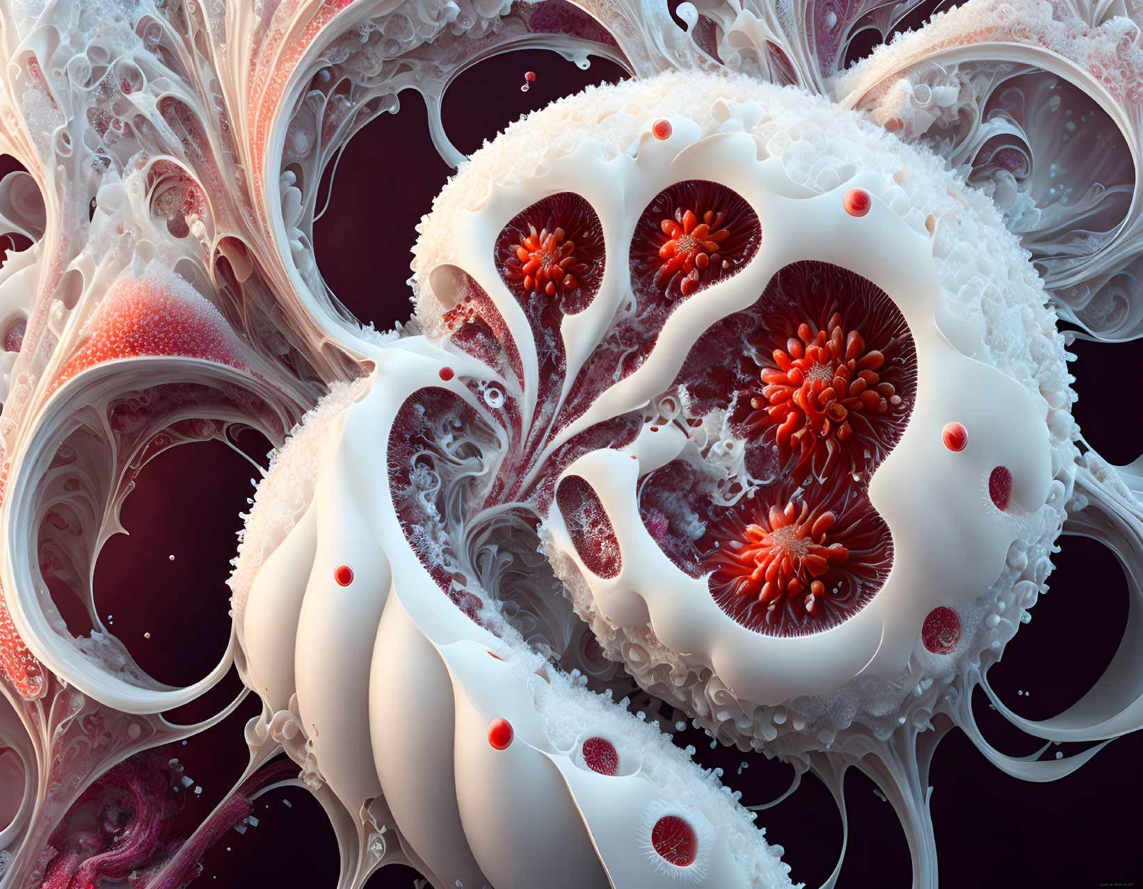 Detailed Fractal Image with Intricate Pink, White, and Red Biological Patterns