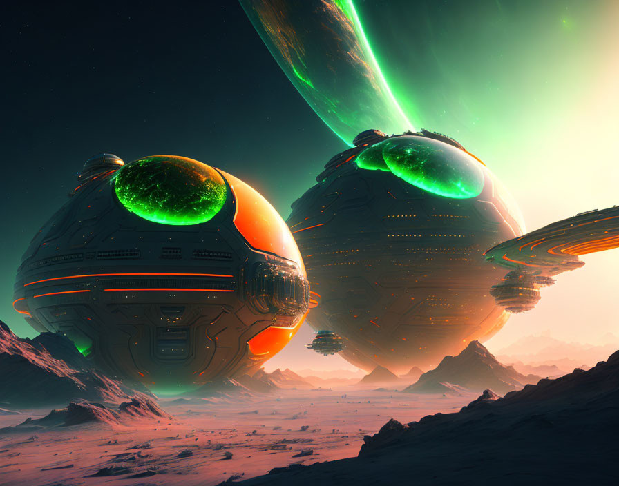 Alien desert terrain with two spherical spaceships in vivid sci-fi landscape