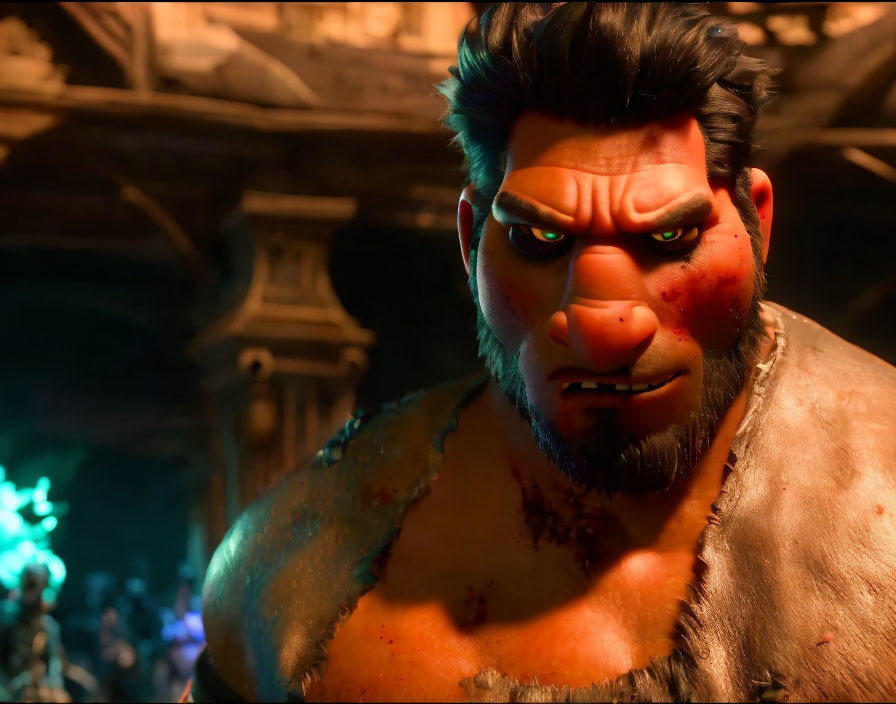 Animated character close-up: stern expression, thick eyebrows, stubble, bruises.