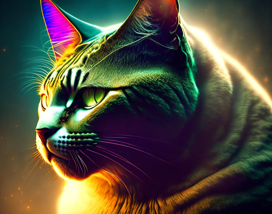 Vibrant neon cat art with glowing green eyes on cosmic backdrop