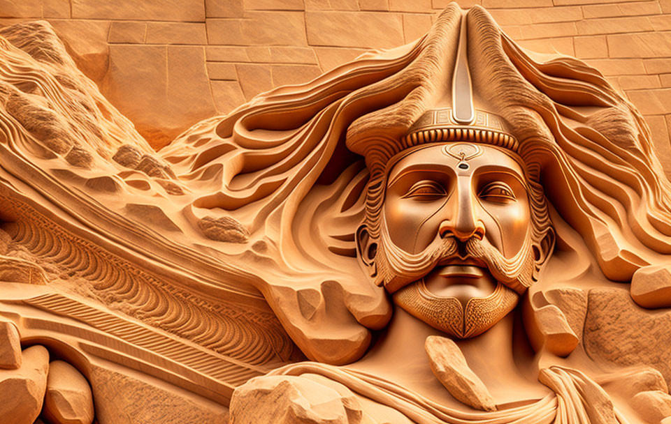 Detailed Sand Sculpture of Bearded Figure with Decorative Headdress