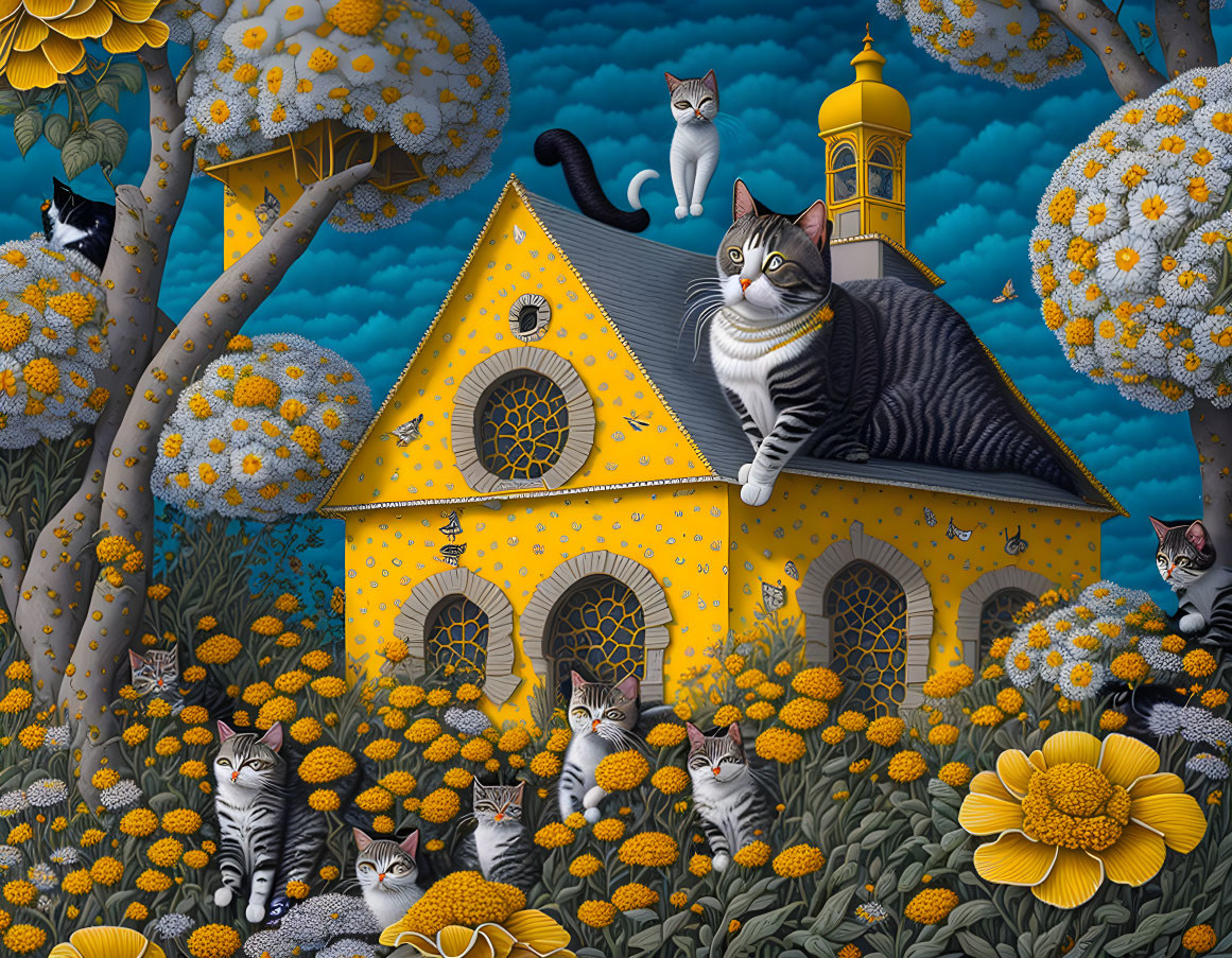 Illustration of multiple cats around whimsical yellow house with circular patterns, against blue sky and yellow flowers