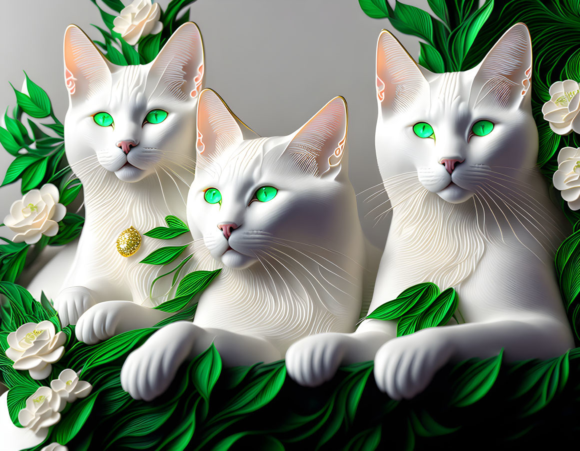 Three white cats with green eyes and golden accents in a floral setting