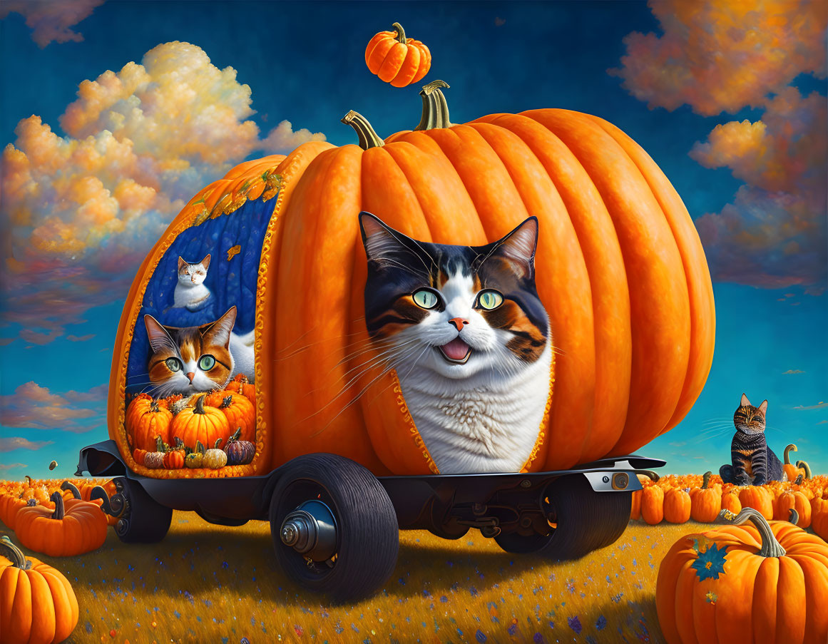 Whimsical Pumpkin Carriage with Cats in Blue Sky