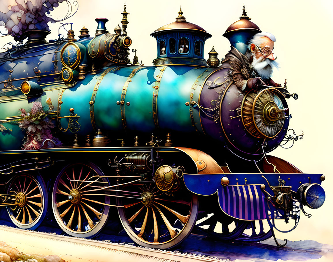 Ornate steam train illustration with elderly conductor in blue and brass tones