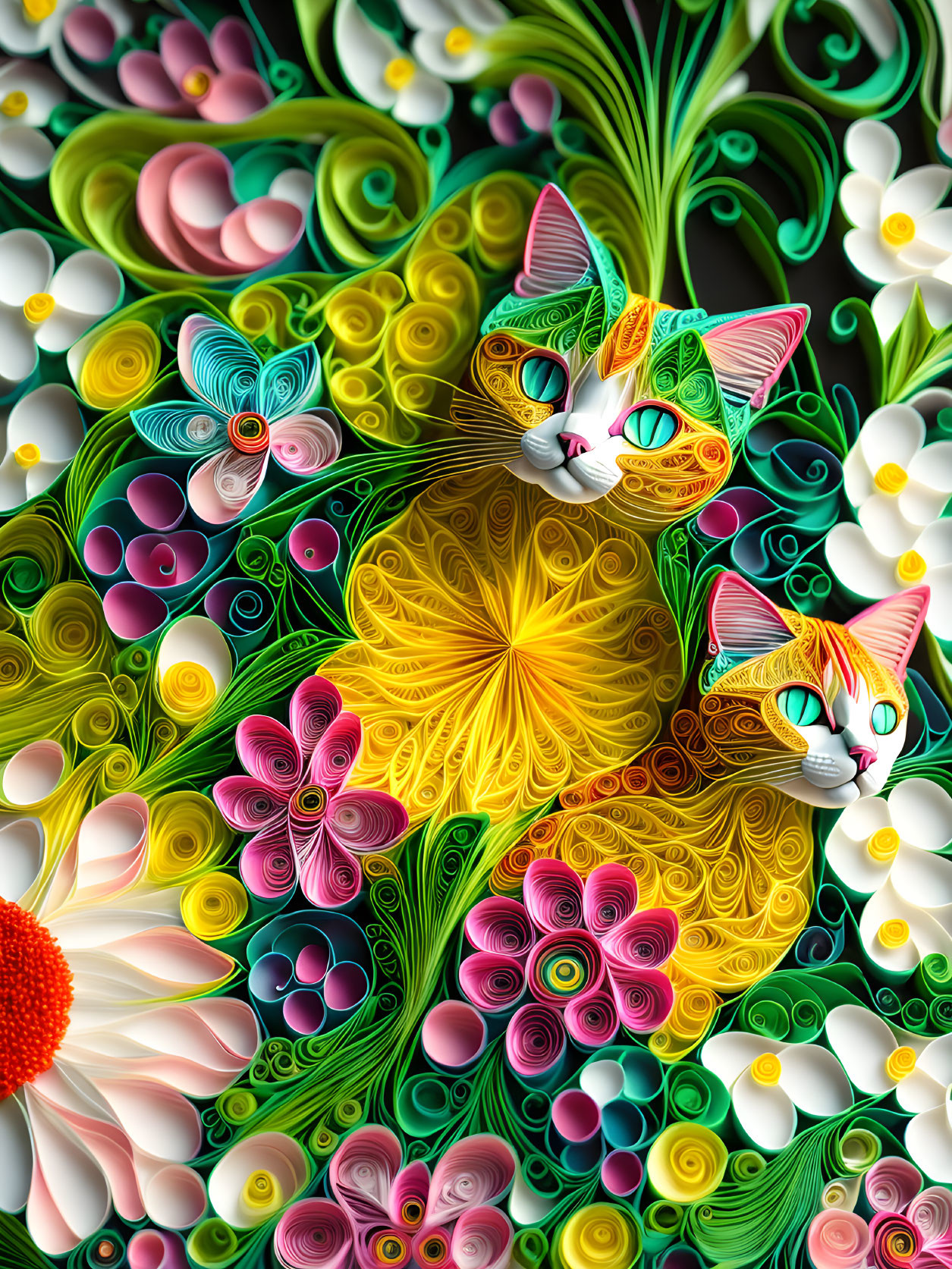 Colorful Quilled Paper Art: Cat, Floral Patterns, Butterfly