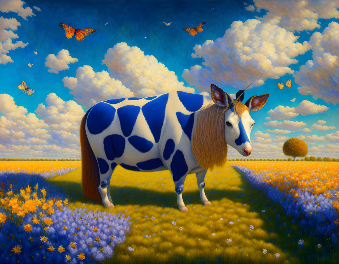 Surreal cow with puzzle piece pattern in vibrant field with flowers and butterflies