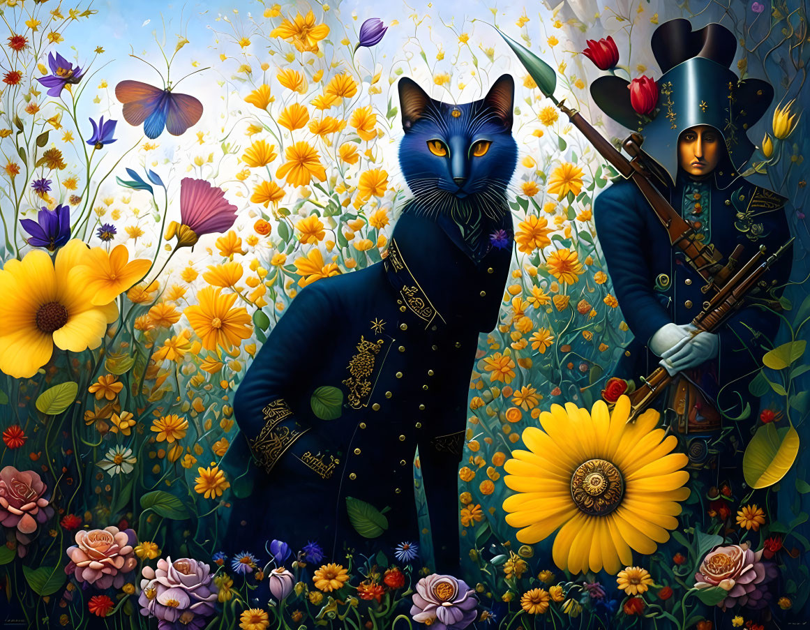 Anthropomorphic cat in Napoleonic uniform with rifle among colorful flowers and surreal character with flower head