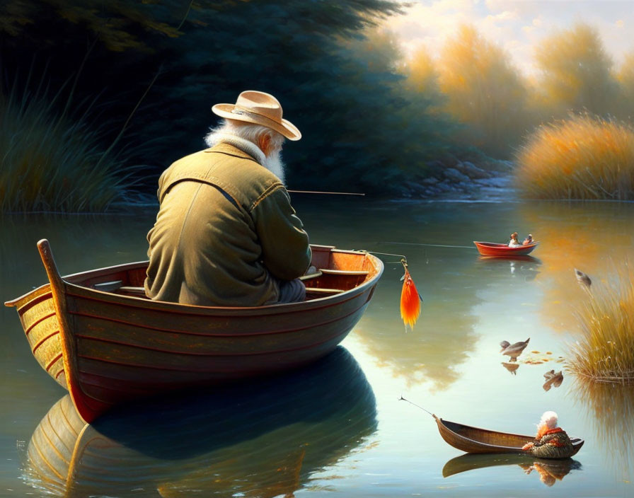 Elderly person fishing in calm river on sunny day with ducks and boats