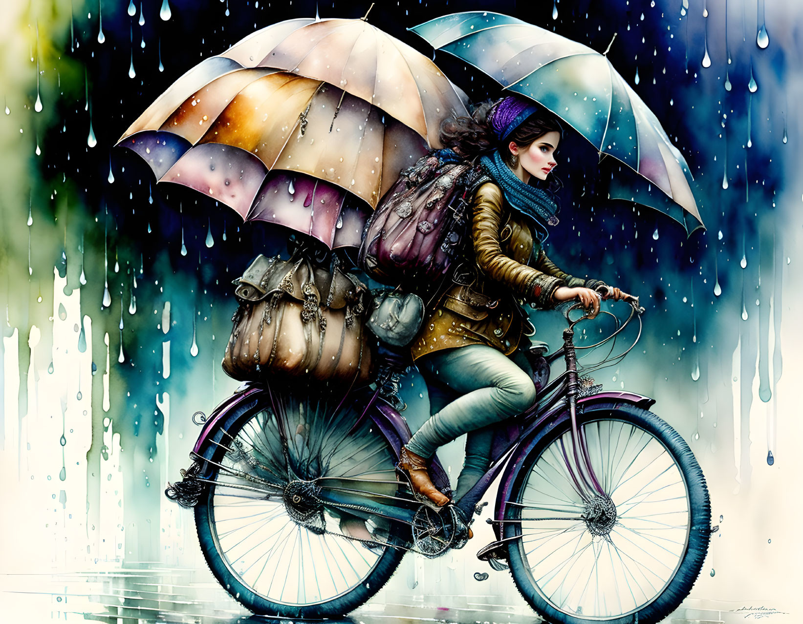 Vibrant digital artwork: Woman on bicycle in rain with umbrella, backpack