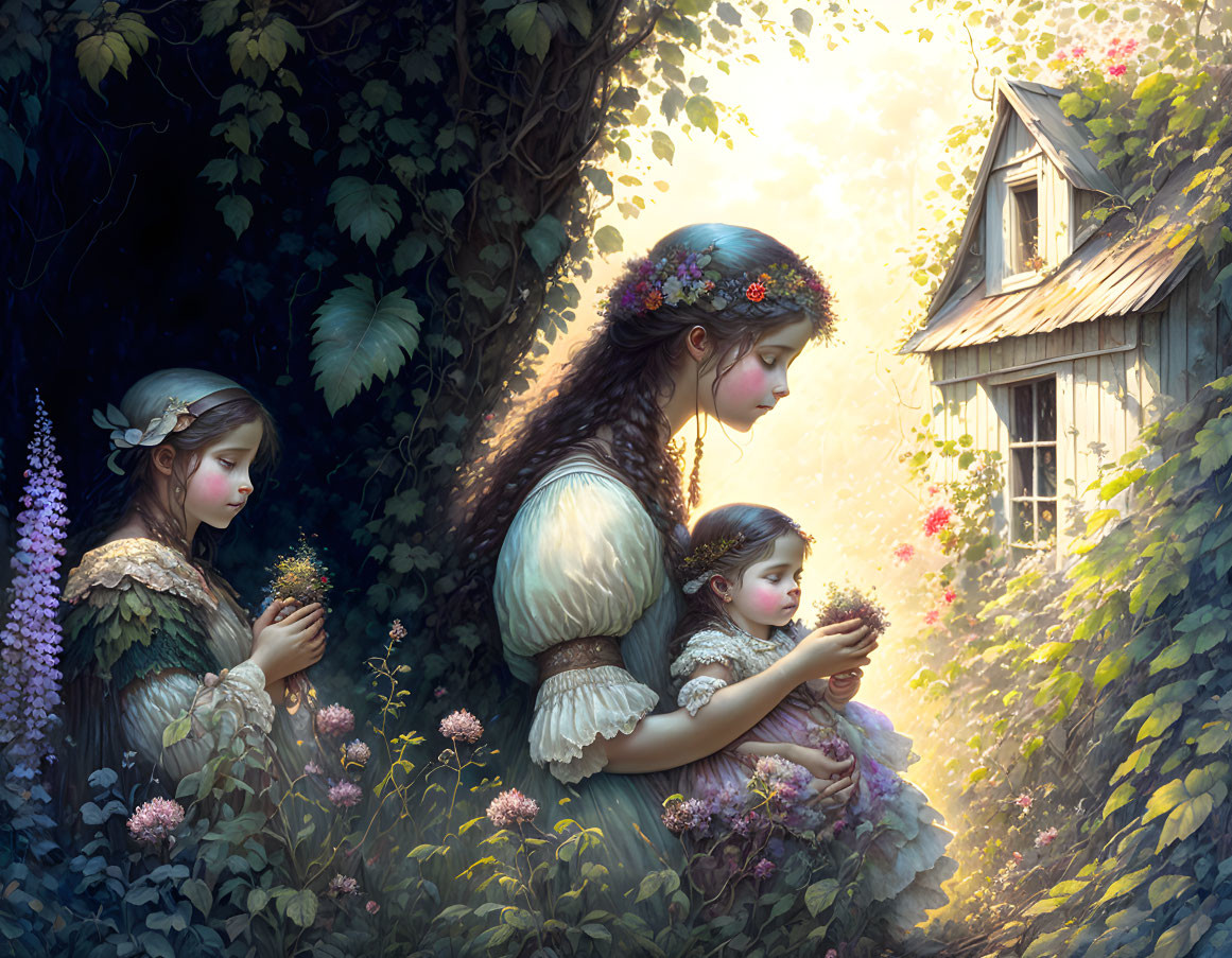 Three People in Sunlit Garden with Floral Accents and Quaint Cottage