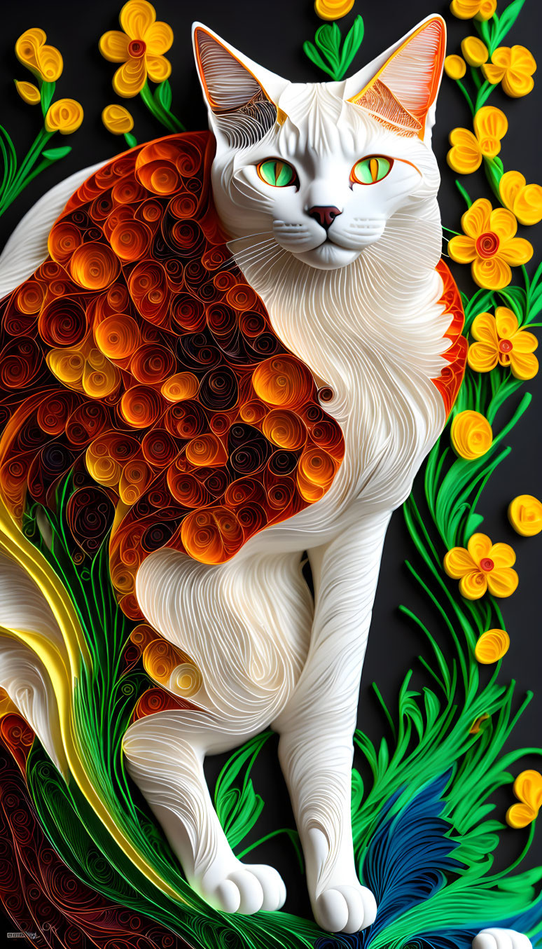 White Cat with Vibrant Quilled Patterns and Flowers