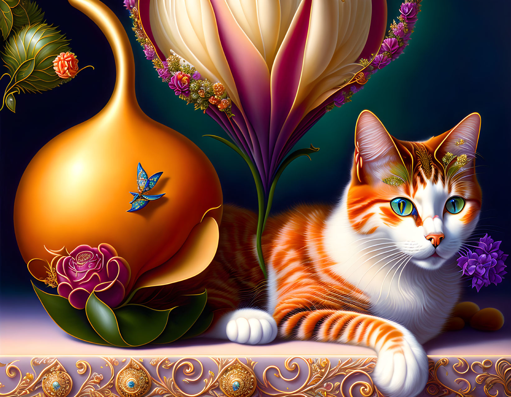 Colorful digital artwork of an orange and white cat with decorative patterns, golden gourd, and orn