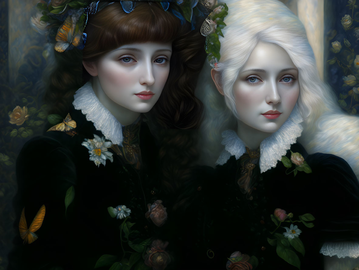 Ethereal women with dark and light hair in floral and butterfly adornments