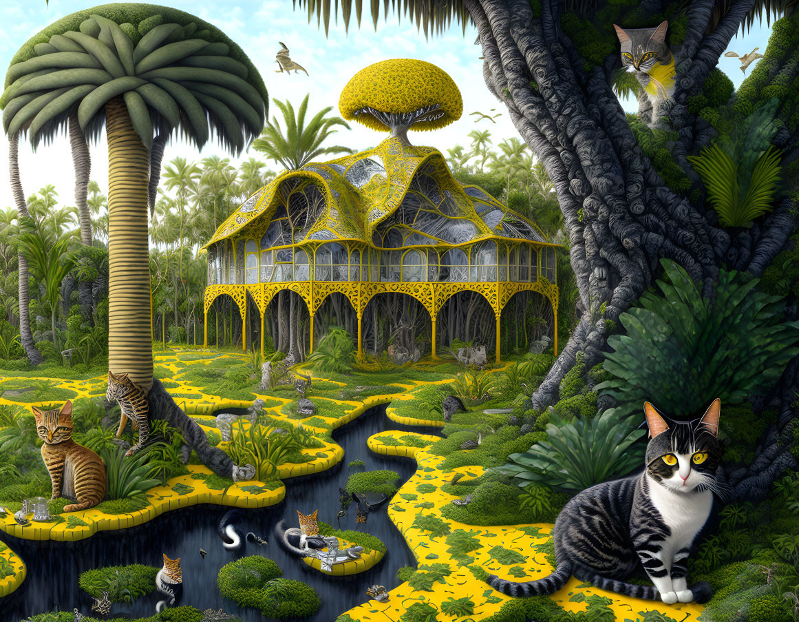 Fantastical cat paradise with treehouse structures and playful felines