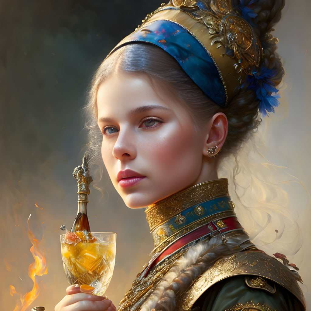 Regal woman with jeweled headpiece and incense burner in digital portrait