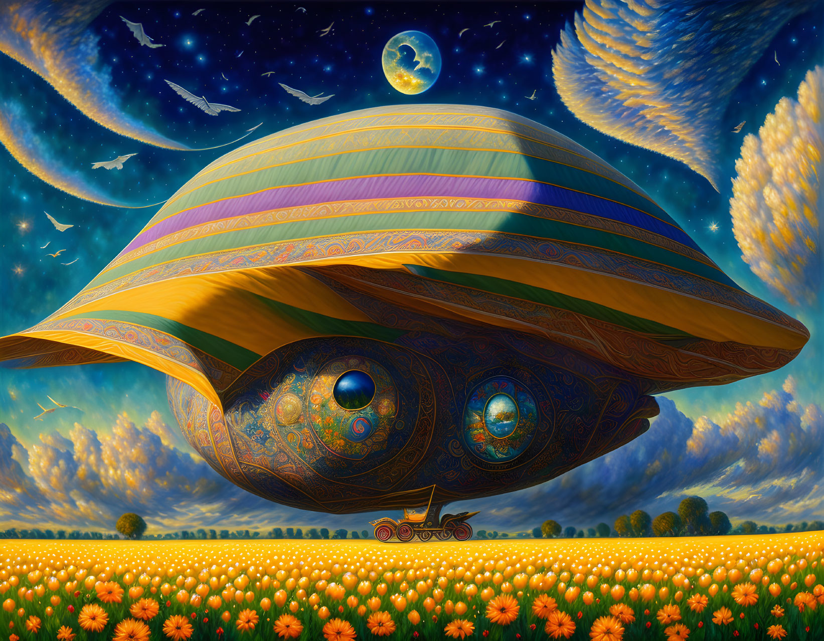 Colorful UFO over sunflower field with wagon under starry sky