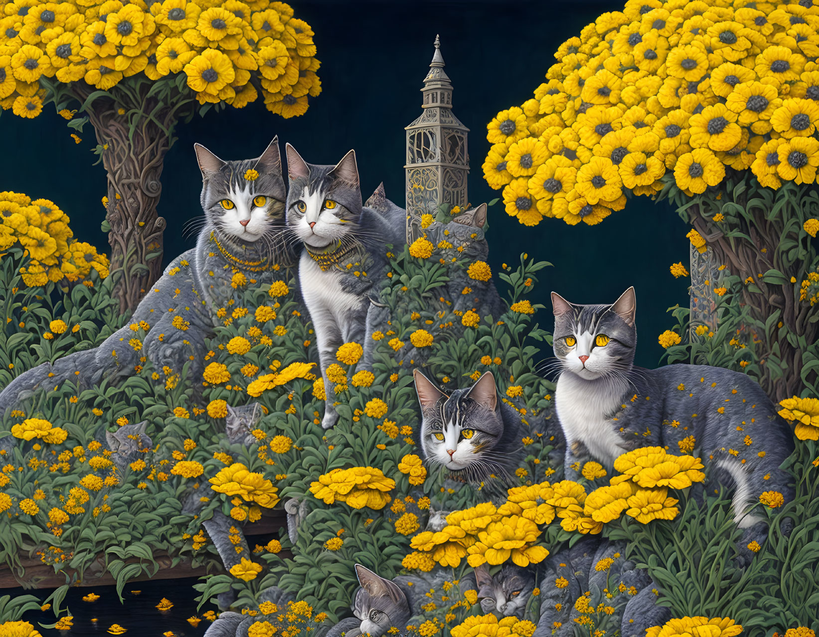 Multiple Grey and White Cats Among Yellow Marigold Flowers