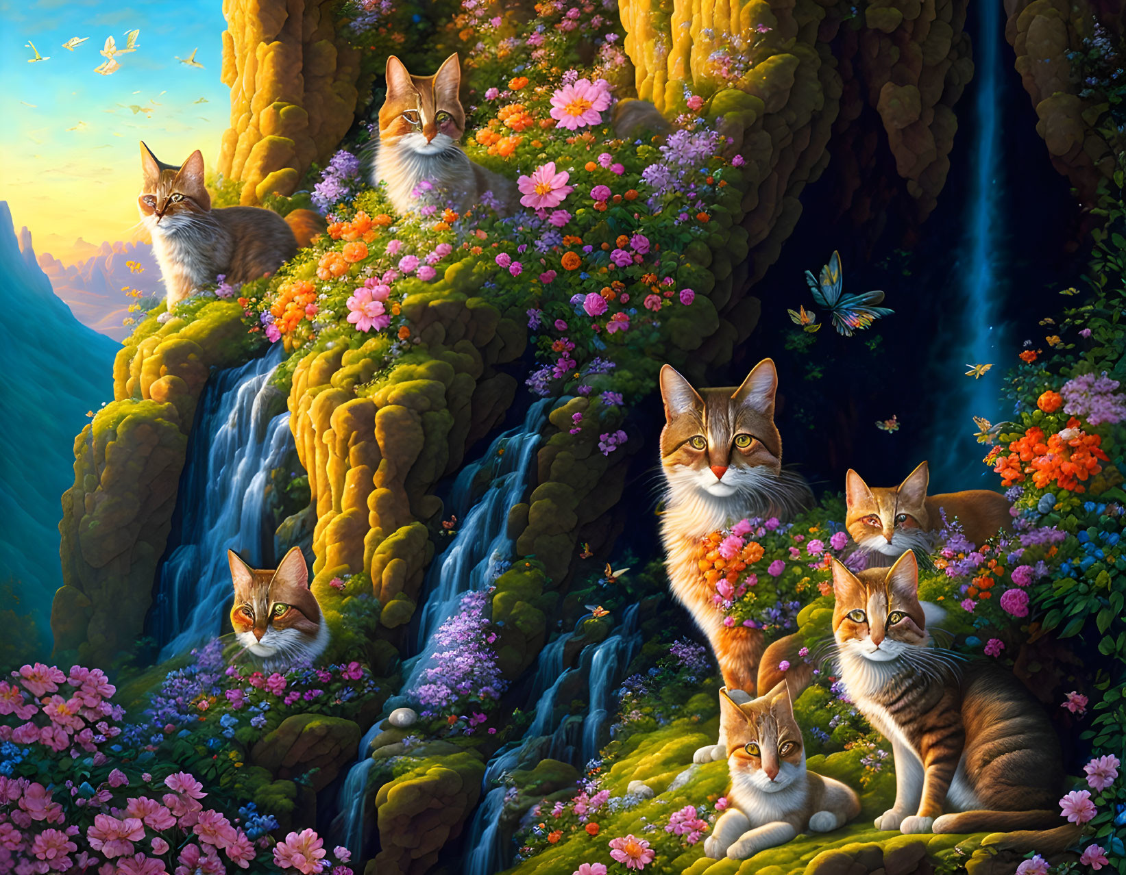 Colorful Cats and Flowers on Rocky Terrain with Waterfalls