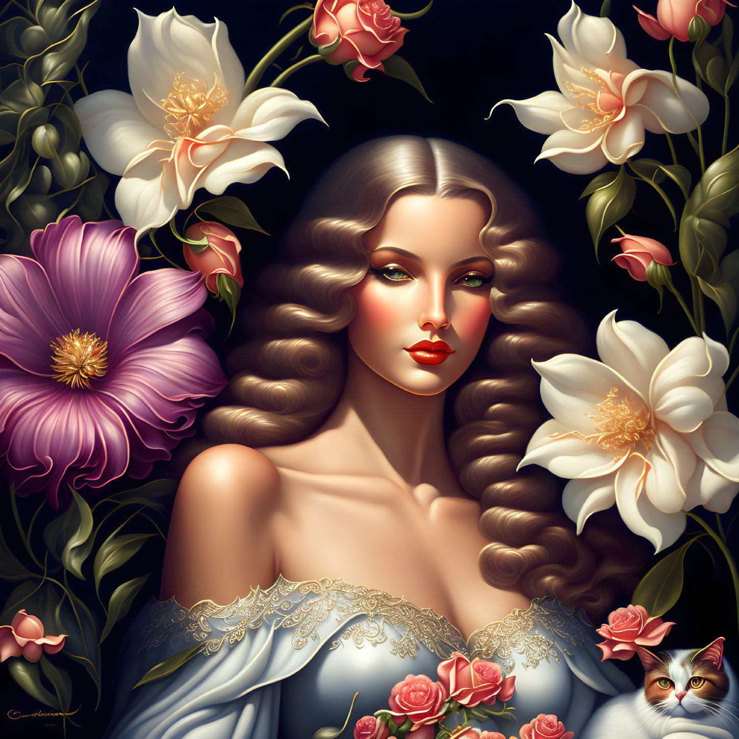 Digital art portrait of woman with flowing hair and white flowers, small cat peeking.