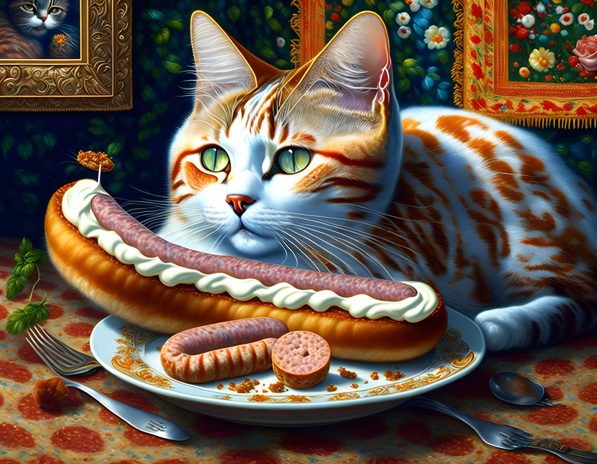 Colorful Illustration: Orange and White Cat Eyeing Sausages and Mashed Potatoes