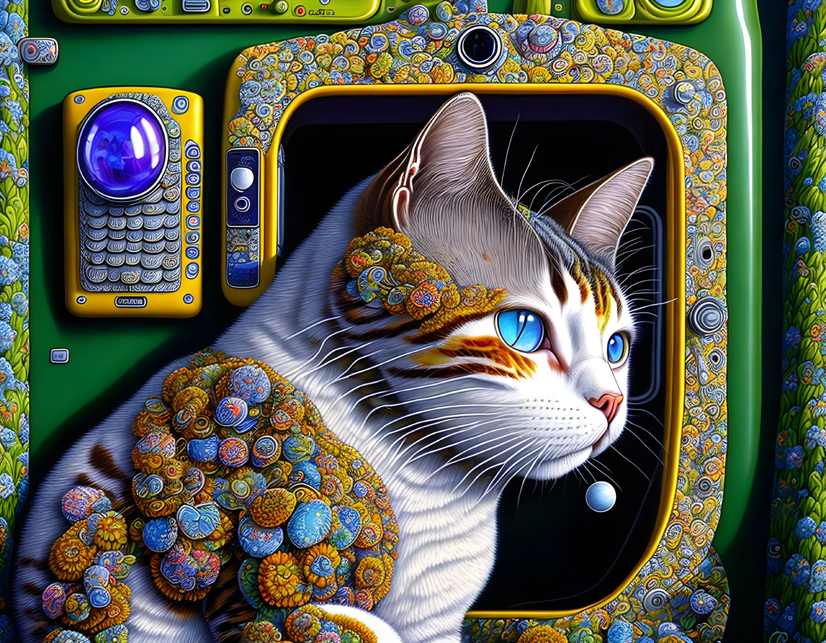 Colorful Whimsical Cat Illustration with Blue Eyes and Psychedelic Patterns