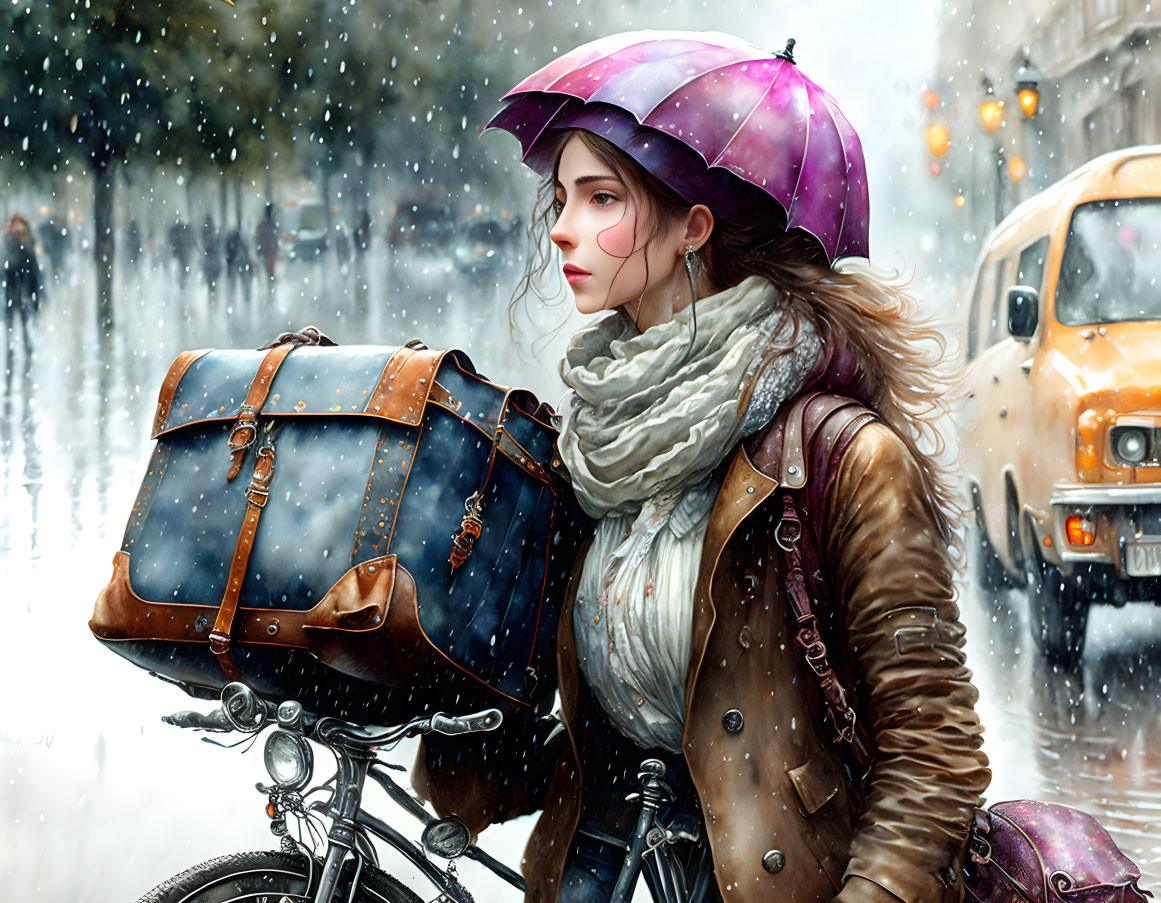 Woman in helmet with bike and bag in snowy city scene.