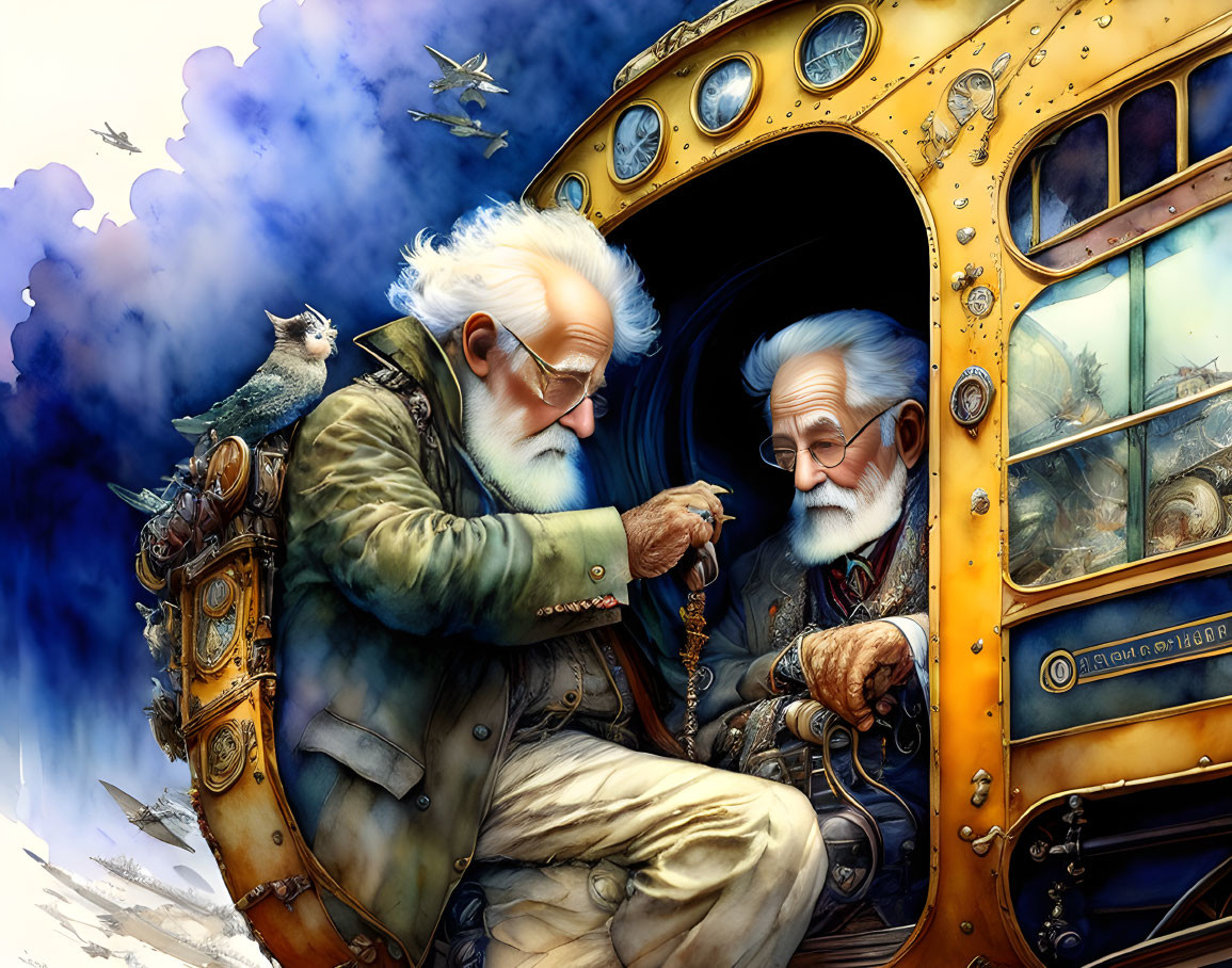 Elderly man with white hair and beard crafting on ornate yellow bus with owl