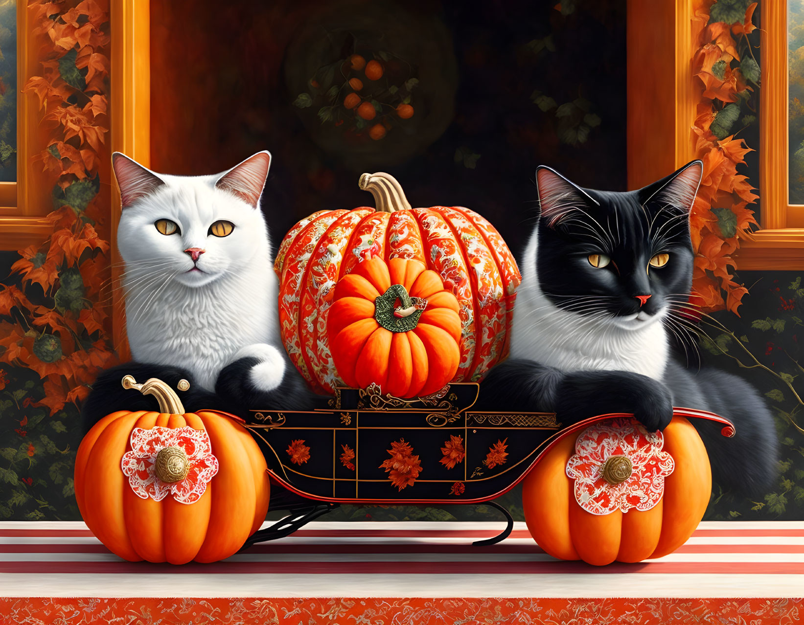 Black and white cats with pumpkins on autumn windowsill.