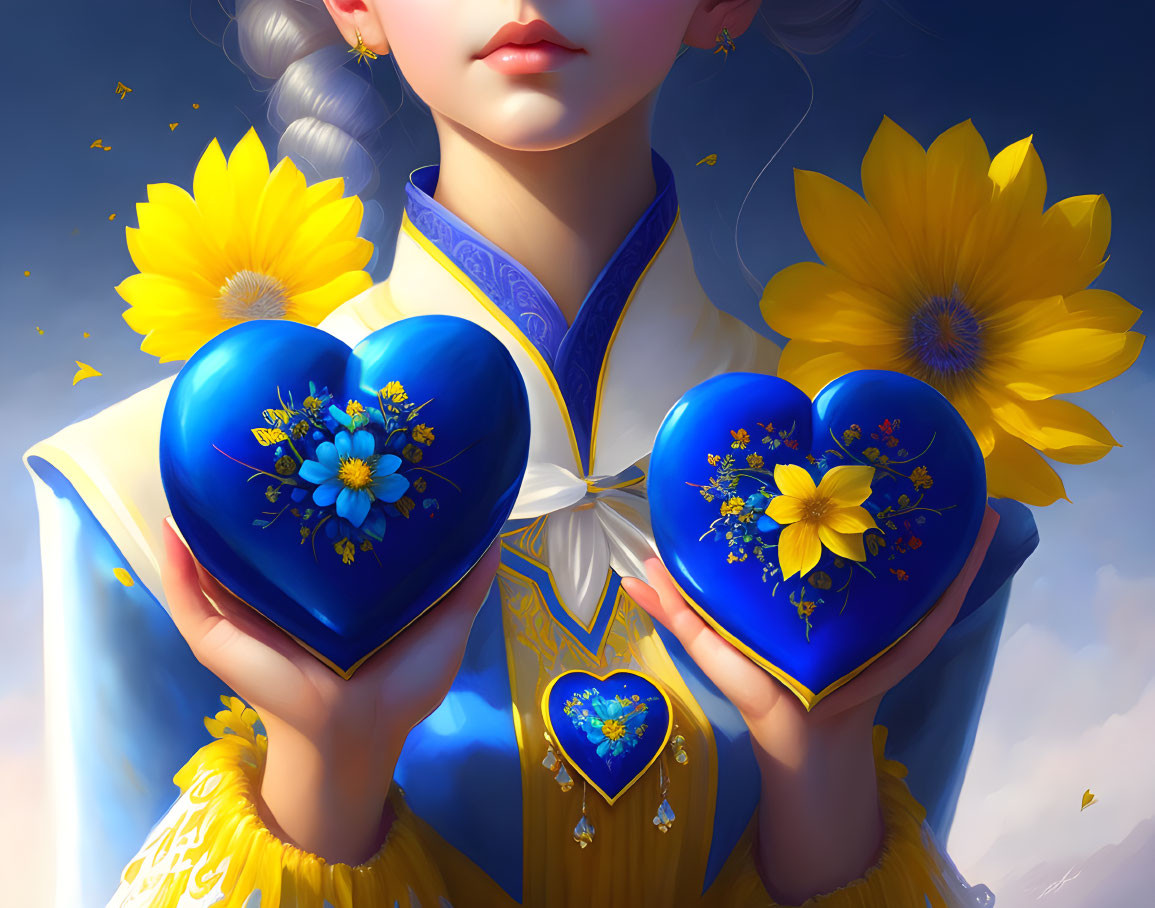 Illustrated girl with heart-shaped blue ornaments and sunflowers in traditional dress