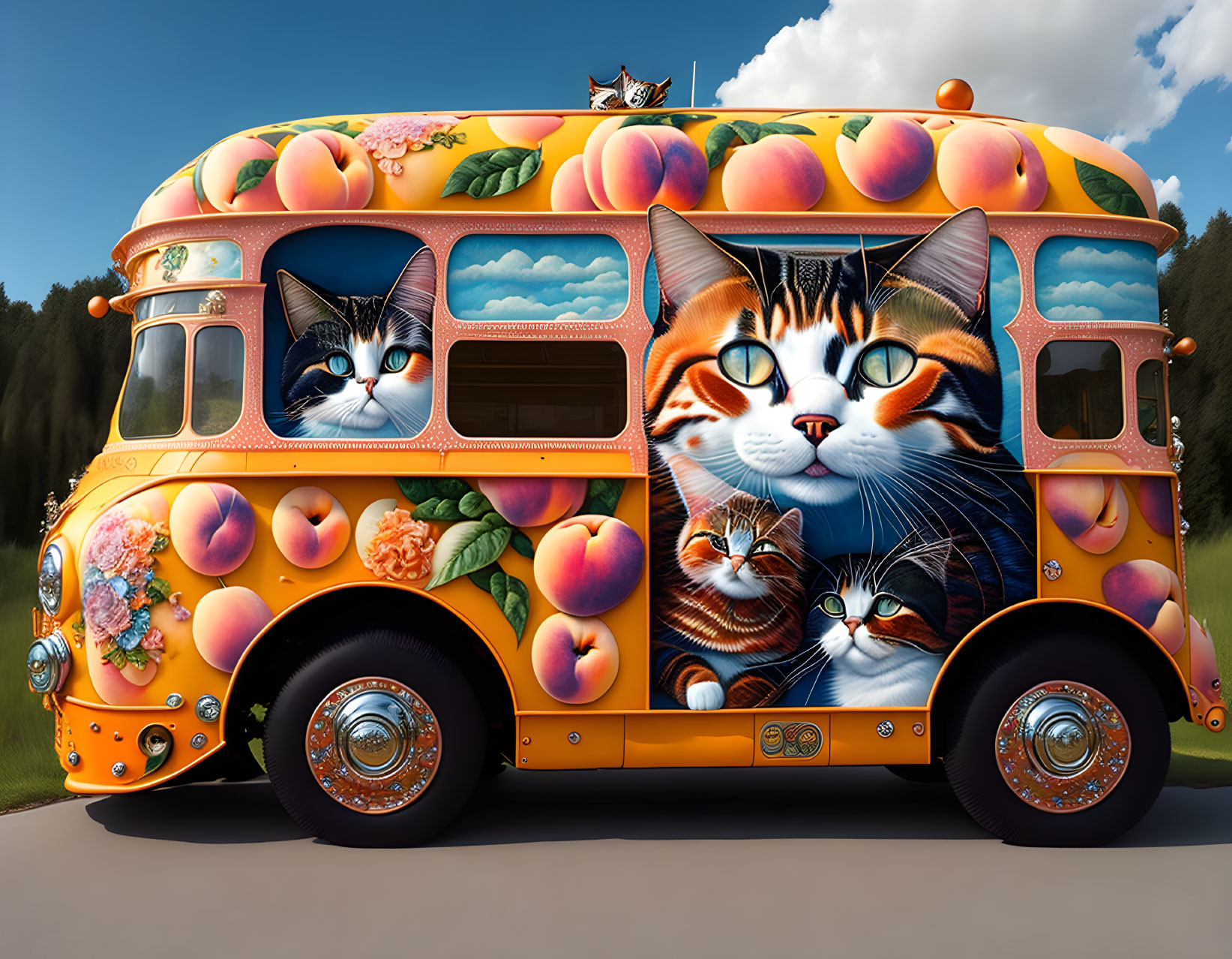 Colorful Cat and Fruit Illustrations on Orange Bus Under Blue Sky