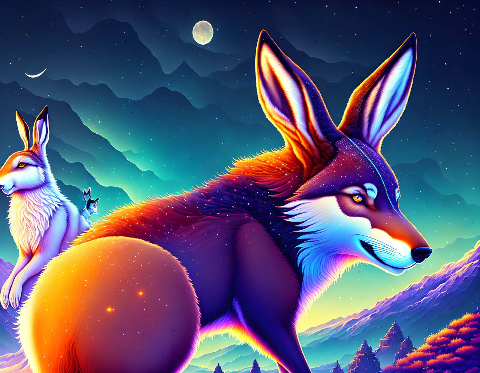 Stylized foxes digital illustration with neon glow on night sky landscape