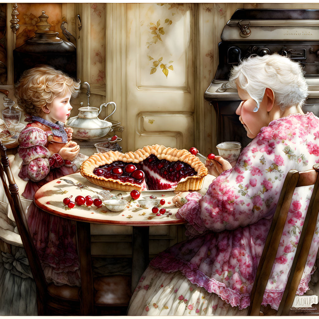 Elderly Woman and Child Enjoy Cherry Pie at Kitchen Table