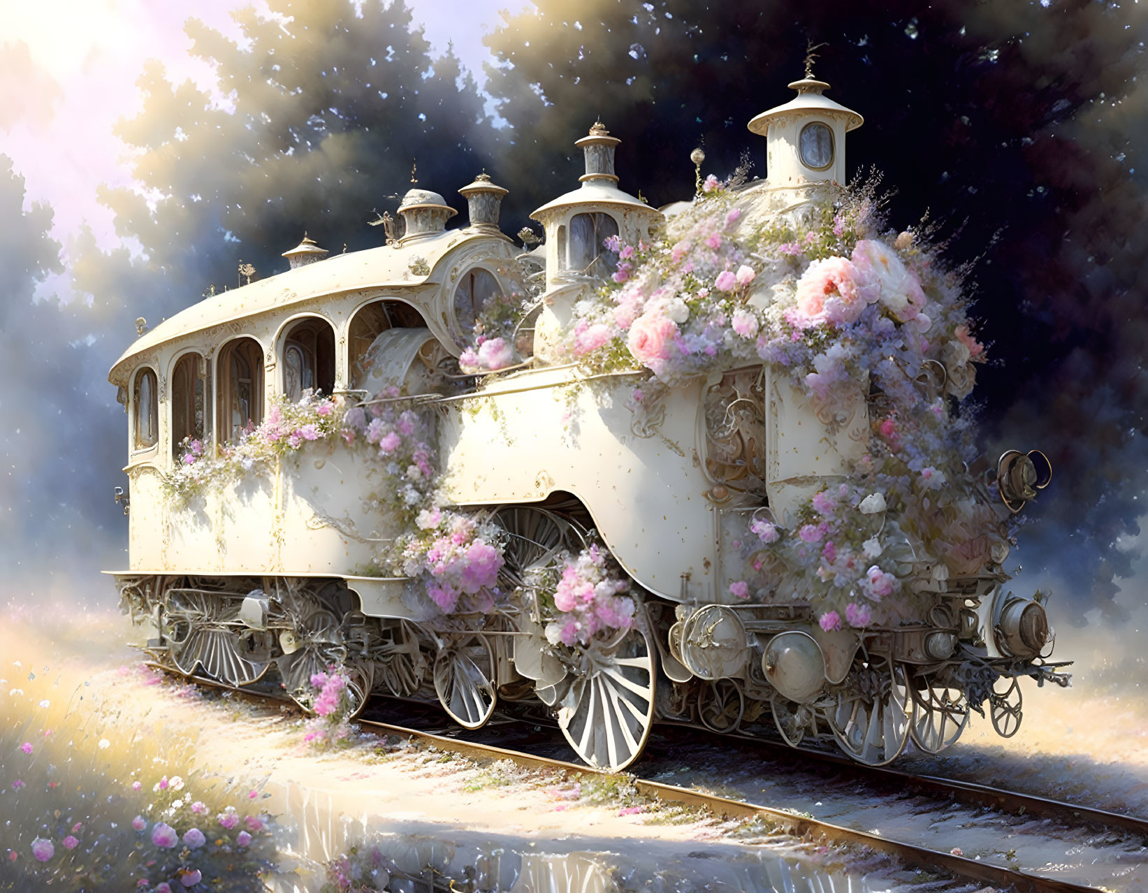 Vintage train covered in flowers under soft sunlight on dusty tracks