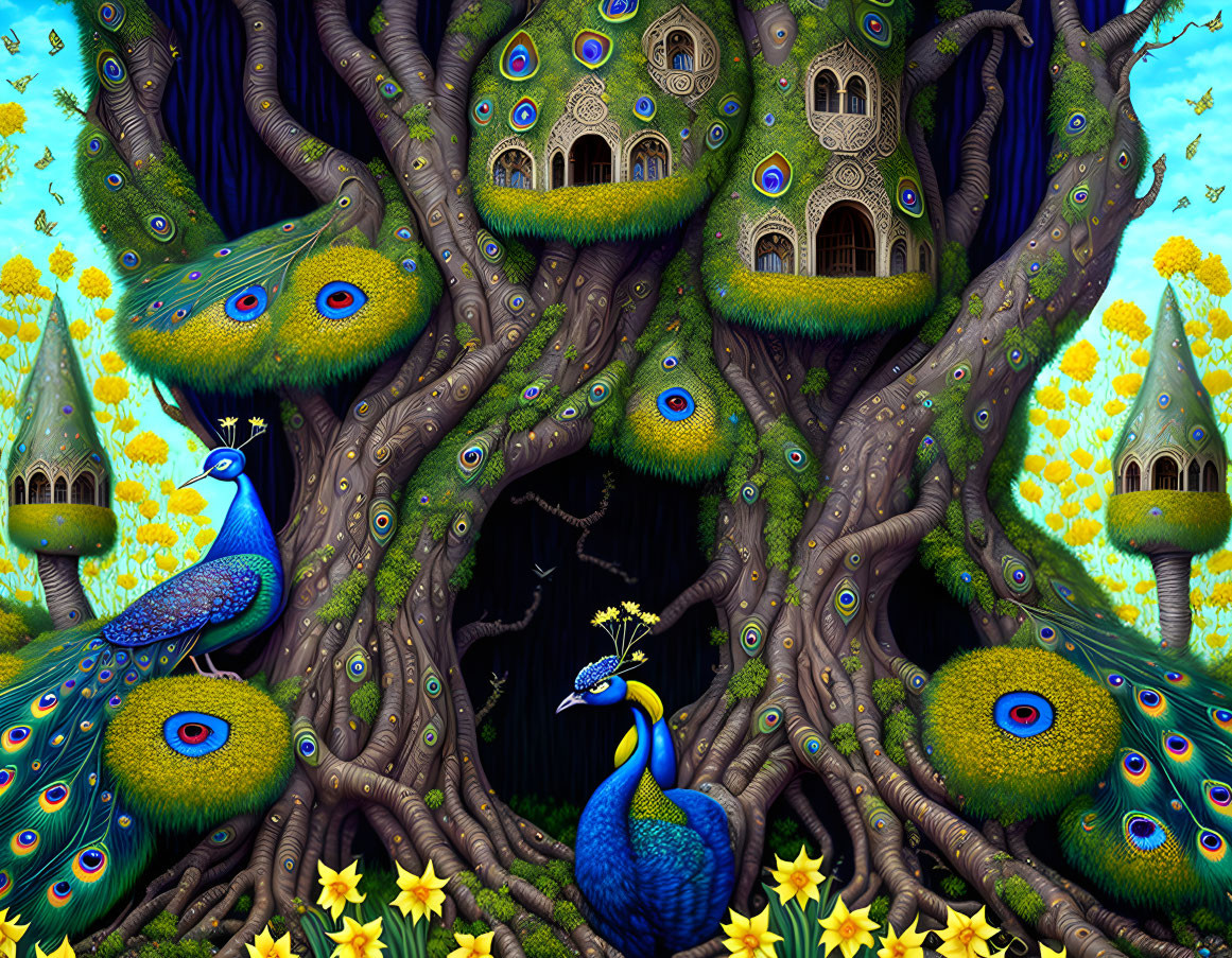 Colorful Peacock Illustration in Whimsical Forest Setting