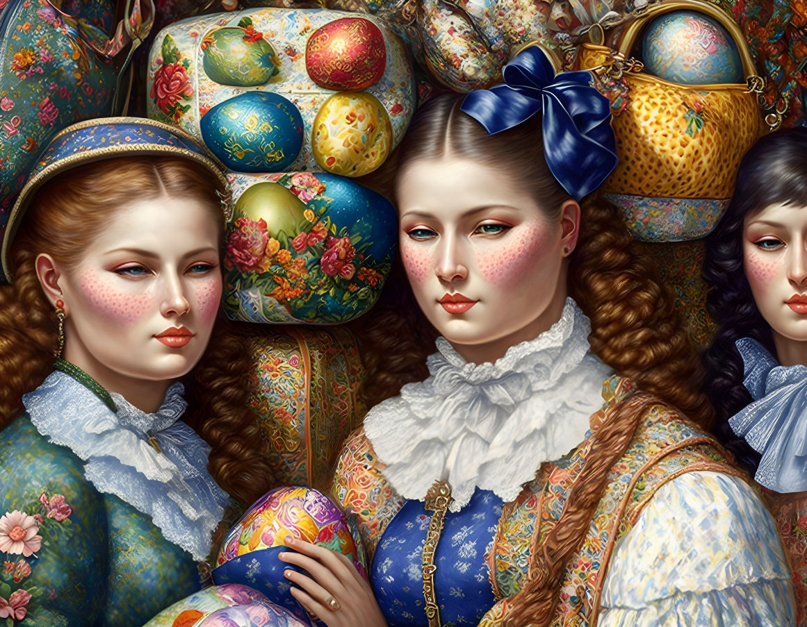 Vintage Attired Women with Ornate Easter Eggs in Intricate Patterns