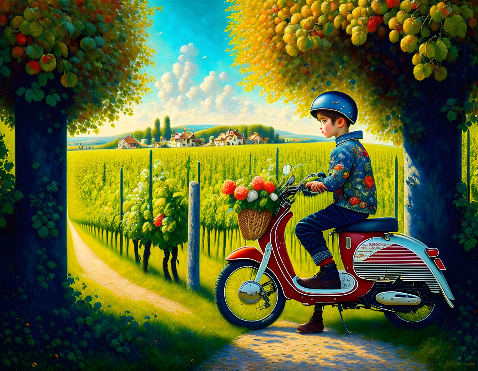 Child on Red Scooter Riding Through Vineyard Path with Flowers Basket