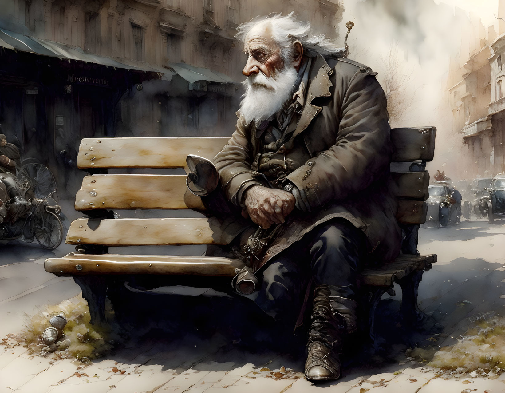 Elderly man with white beard sitting on park bench, lost in thought