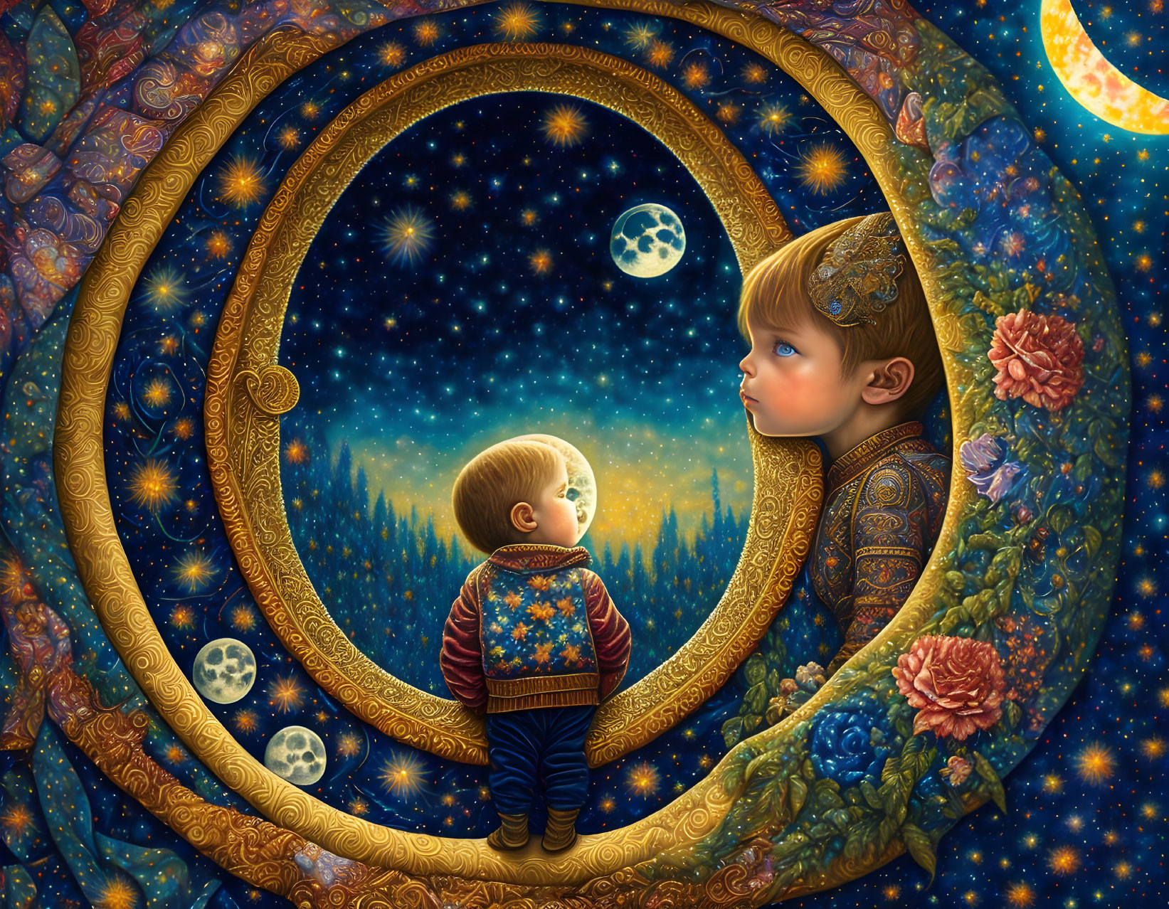 Surreal illustration of child with mirror-like moon and celestial elements