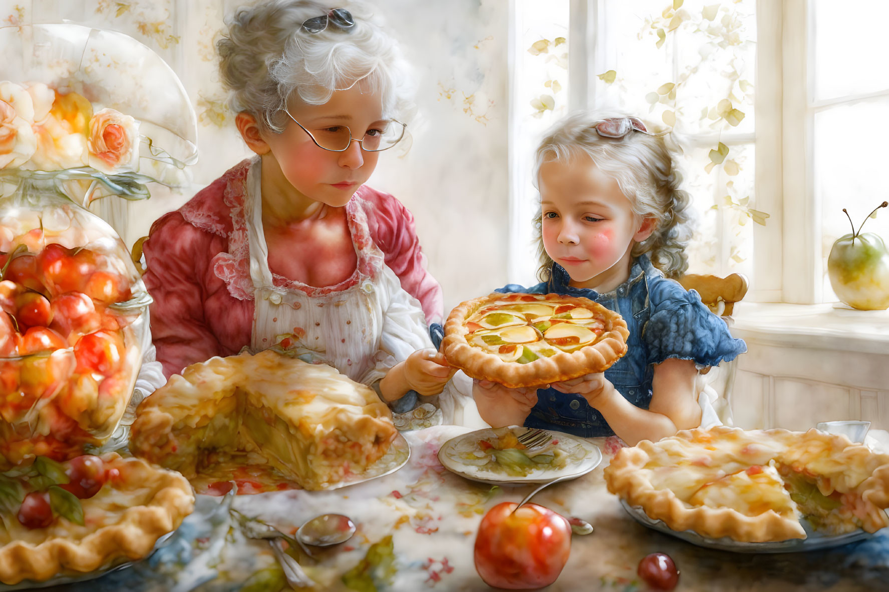 Elderly woman and young girl with freshly baked pie and fruits on table