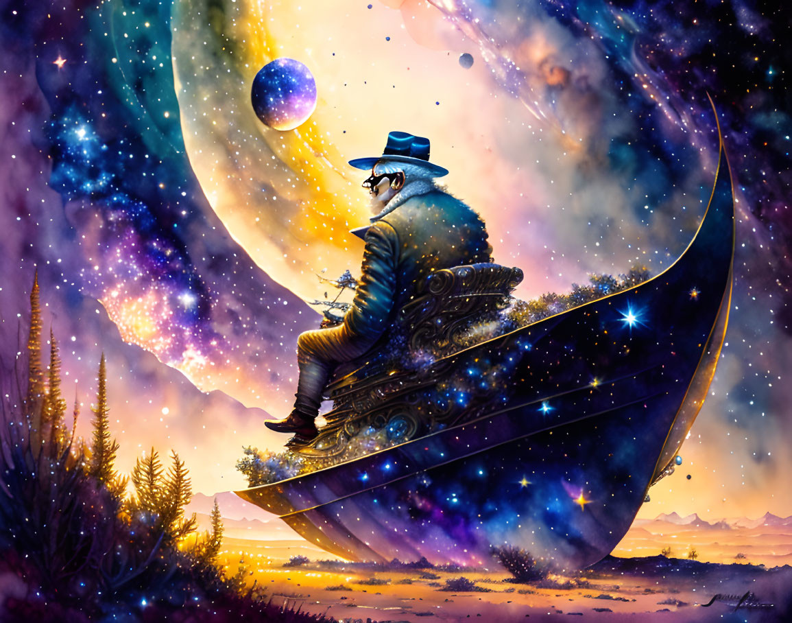 Person in top hat on crescent moon gazes at cosmic landscape