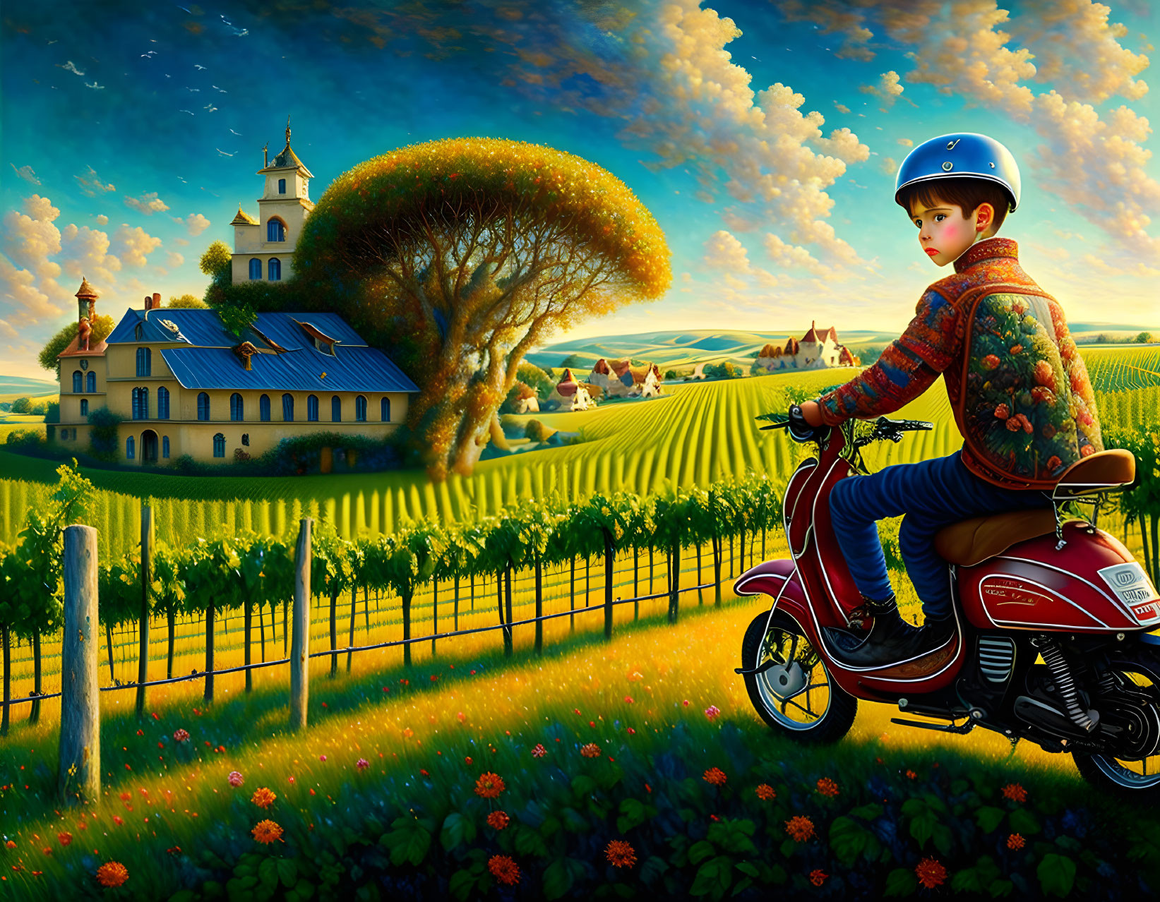 Child riding red scooter in vibrant countryside with broccoli tree, vineyards, and church under blue sky