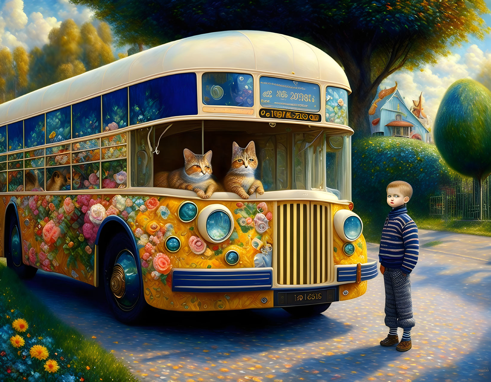 Child in striped shirt amazed by flower-adorned bus with cats in surreal landscape