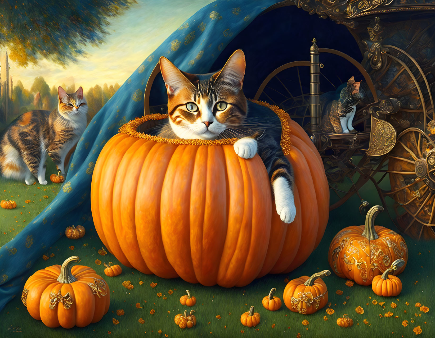 Cat resting in pumpkin with autumnal landscape & two cats in background