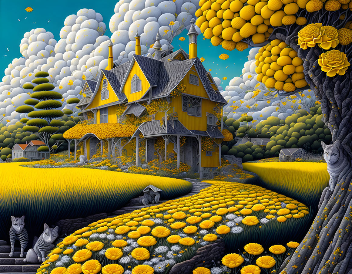 Yellow House in Surreal Landscape with Yellow Flowers